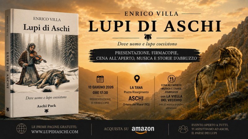 Locandina dell’evento “Rendez-vous ad Aschi” per la presentazione del romanzo Lupi di Aschi il 13 giugno 2026 in Piazza Risorgimento ad Aschi.