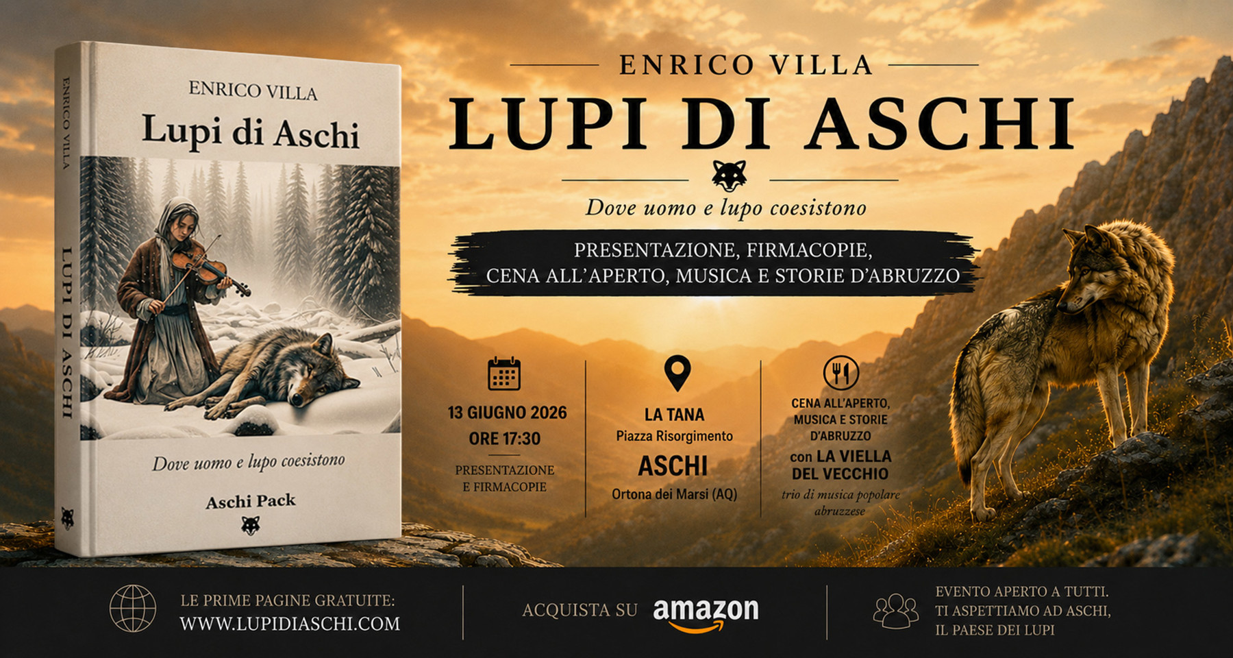 Locandina dell’evento “Rendez-vous ad Aschi” per la presentazione del romanzo Lupi di Aschi il 13 giugno 2026 in Piazza Risorgimento ad Aschi.